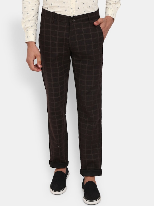 V-Mart - Men Brown Checked Cotton Classic Slim Fit Chinos Trousers