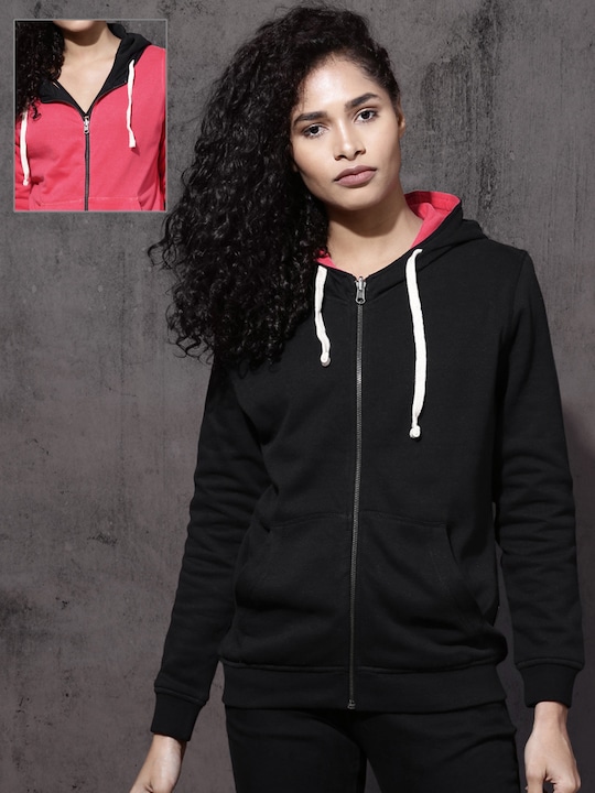 Roadster - Women Pink & Black Solid Hooded Sweatshirt