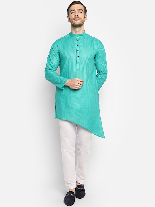 DEVOILER - Men Green Striped Mandarin Collar Kurta