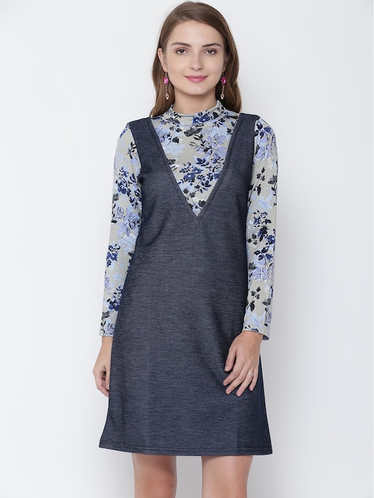 AND - Women Navy & Olive Printed A-Line Dress