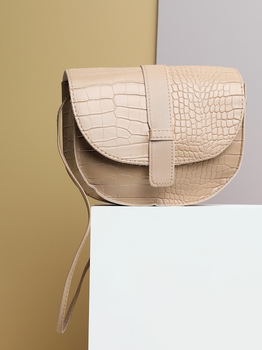 HAUTE SAUCE by  Campus Sutra - Beige Textured PU Structured Sling Bag