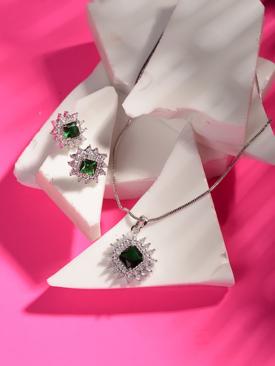 Saraf RS Jewellery - Silver-Plated Green & White AD Studded Jewellery Set