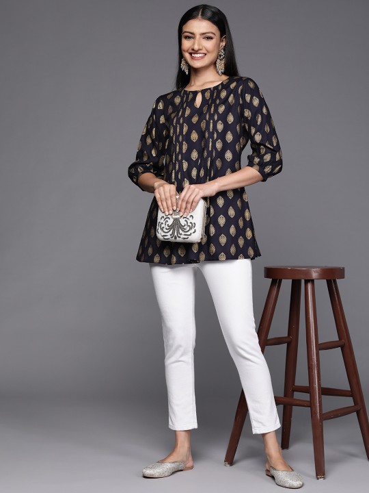Libas - Navy Blue & Golden Ethnic Motifs Printed Pleated Kurti
