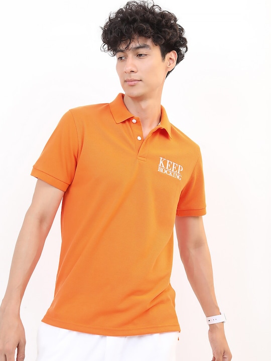 HIGHLANDER - Men Orange Polo Collar Slim Fit T-shirt