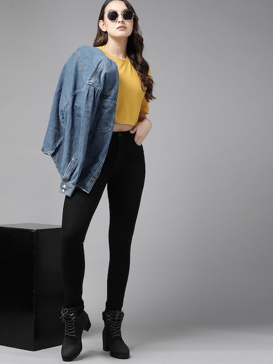 Roadster - The Lifestyle Co. Women Drop-Shoulder Sleeves Pure Cotton Boxy Super Crop T-shirt