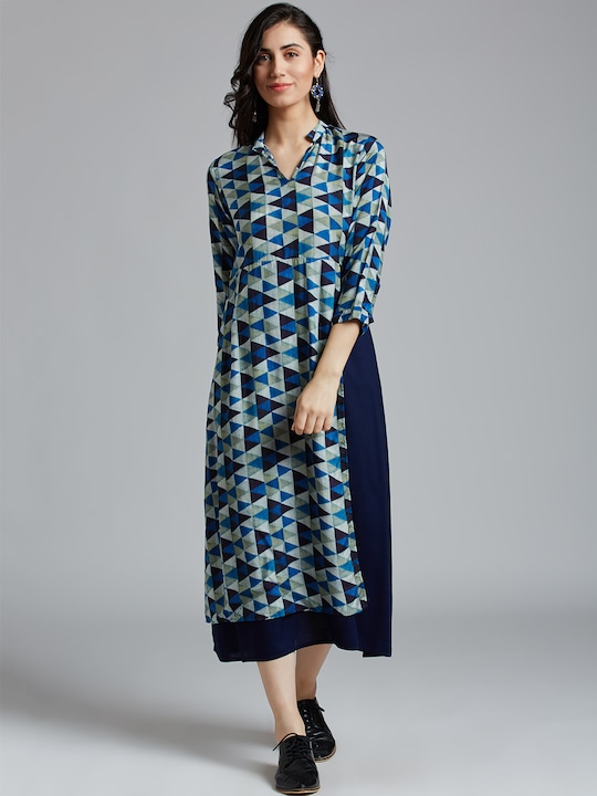Jaipur Kurti - Women Navy Blue Printed A-Line Dress
