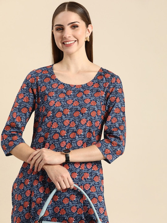 Anouk - Women Pure Cotton Floral Printed Round Neck Kurta
