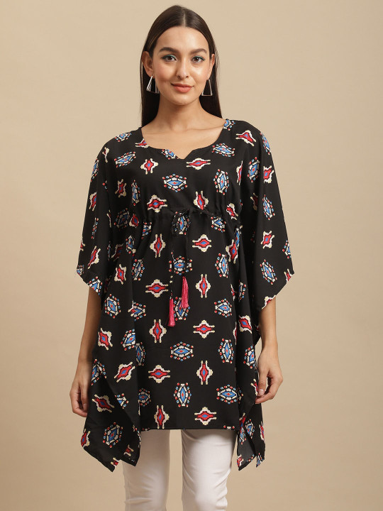 Fabflee - Women Floral Print Crepe Kaftan Longline Top