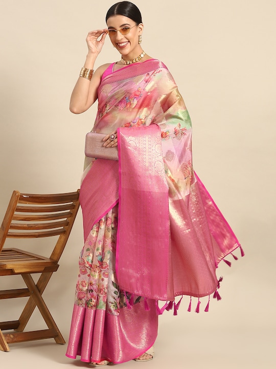Silk Land - Floral Zari Art Silk Chanderi Saree