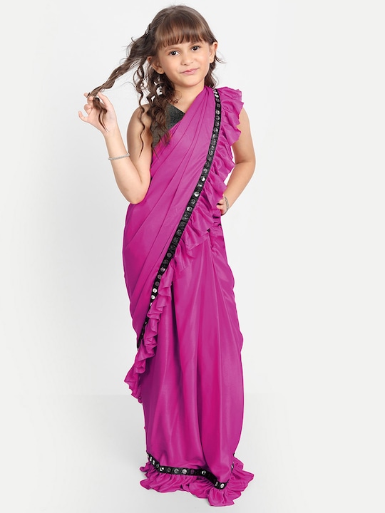 LOOKS AND LIKES - Girls Embellished Boarder Sequinned Ruffles Saree
