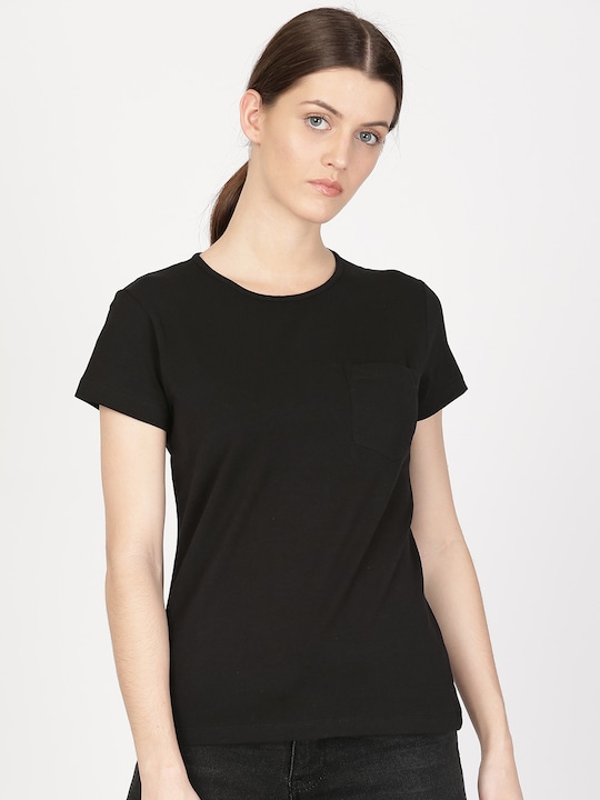 ether - Women Black Solid Round Neck T-shirt