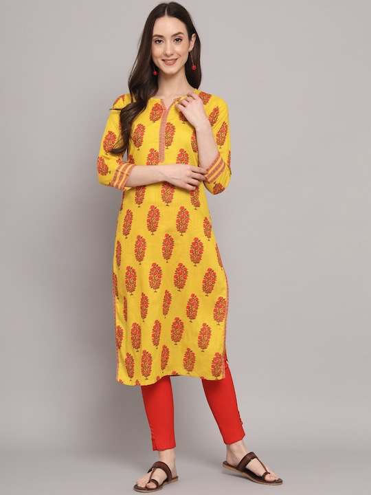 Myshka - Floral Printed Notched Neck Straight Cotton Kurta
