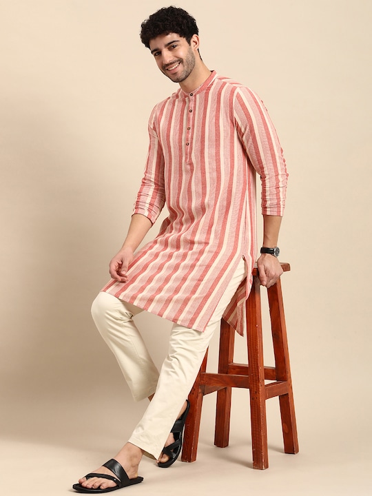 Anouk - Multi Or Variegated Stripes Band Collar Straight Kurta