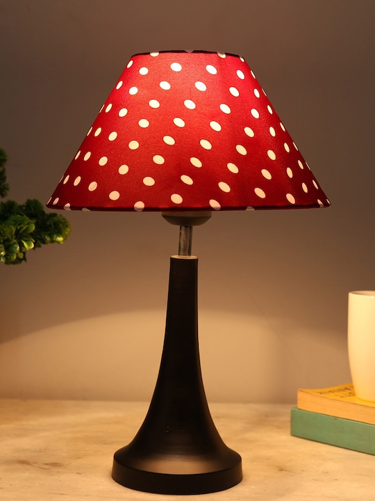 Homesake - Red & Black Matte Finish Table Lamp With Polka Dot Printed Lampshade
