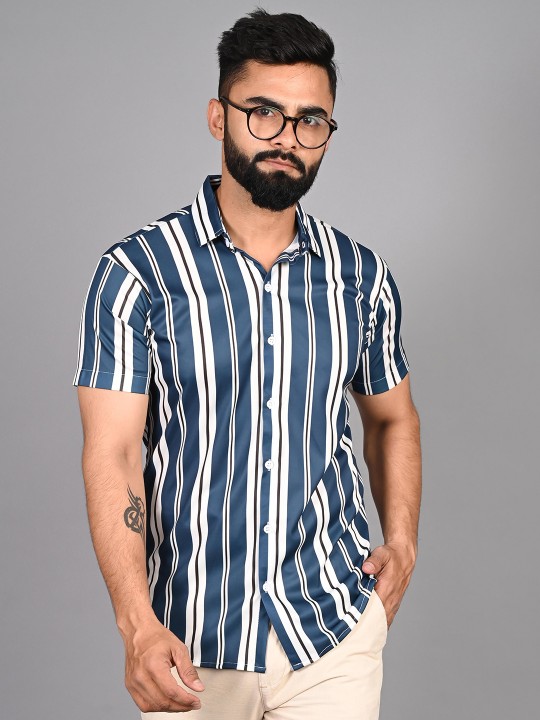FUBAR - Spread Collar Short Sleeves Modern Striped Casual Shirt