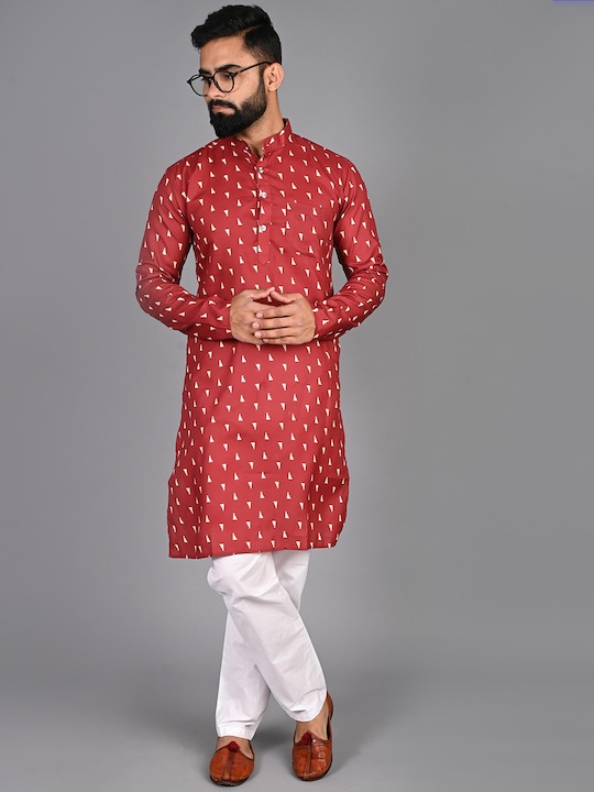 FUBAR - Geometric Printed Mandarin Collar Regular Pure Cotton Kurta with Pyjamas