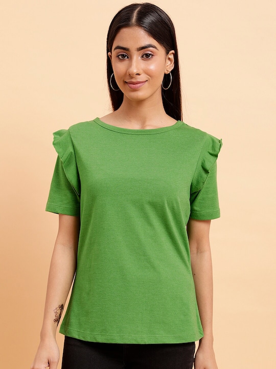MINT STREET - Boat Neck Ruffle Sleeve Pure Cotton T-shirt