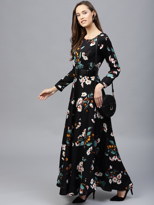 Tokyo Talkies - Black Floral Print Flared Maxi Dress with a Belt