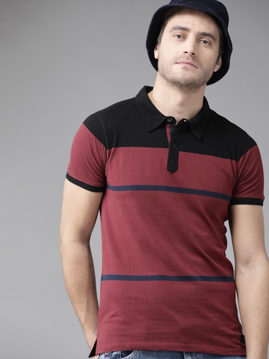 Roadster - Men Maroon & Black Striped Polo Collar Pure Cotton T-shirt