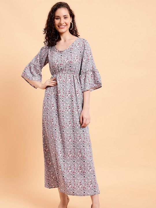 MINT STREET - Floral Printed Bell Sleeves A-Line Maxi Dress