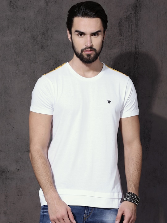 Roadster - Men White T-shirt with Layered Hem & Shoulder Tape