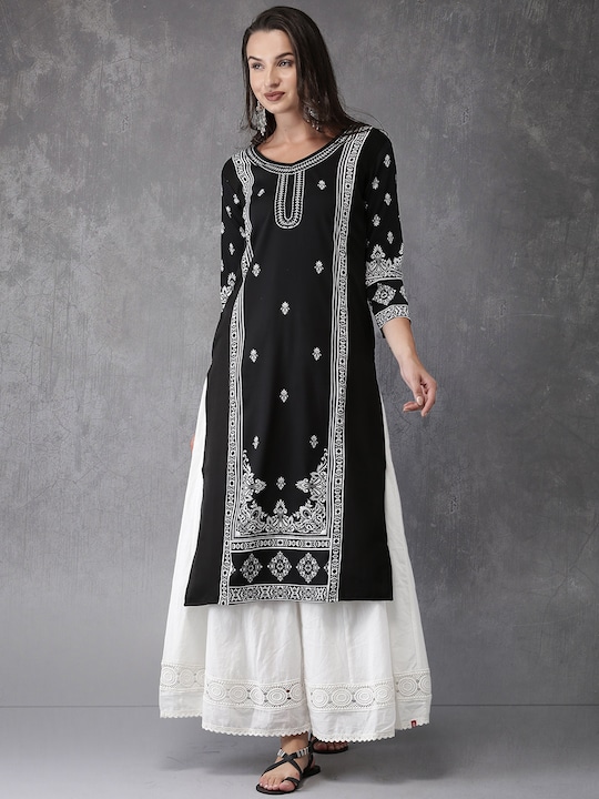 Anouk - Women Black & White Printed Straight Kurta