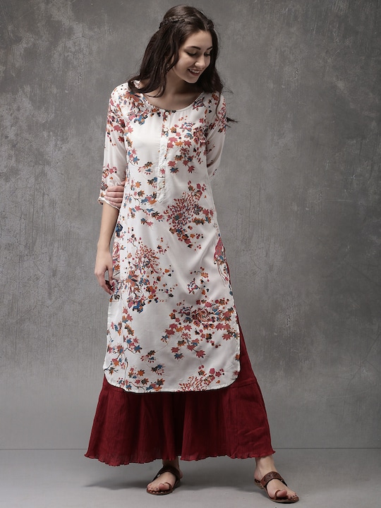 Anouk - Women White Floral Printed A-Line Kurta