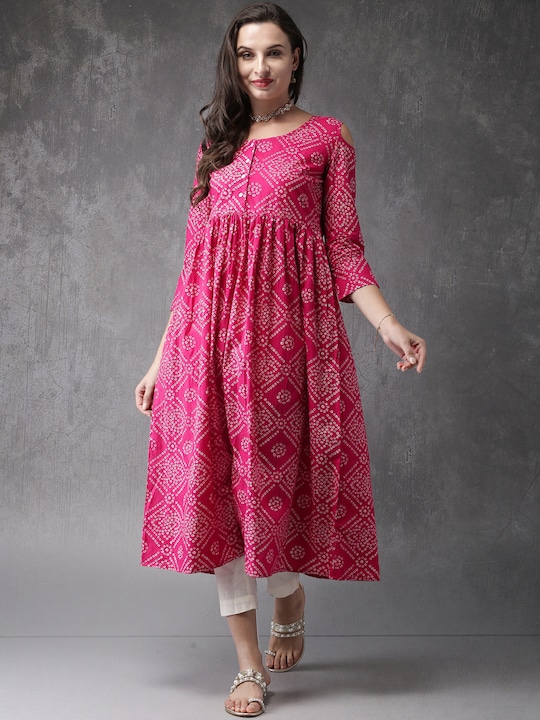 Anouk - Women Pink & White Bandhani Print A-line Kurta