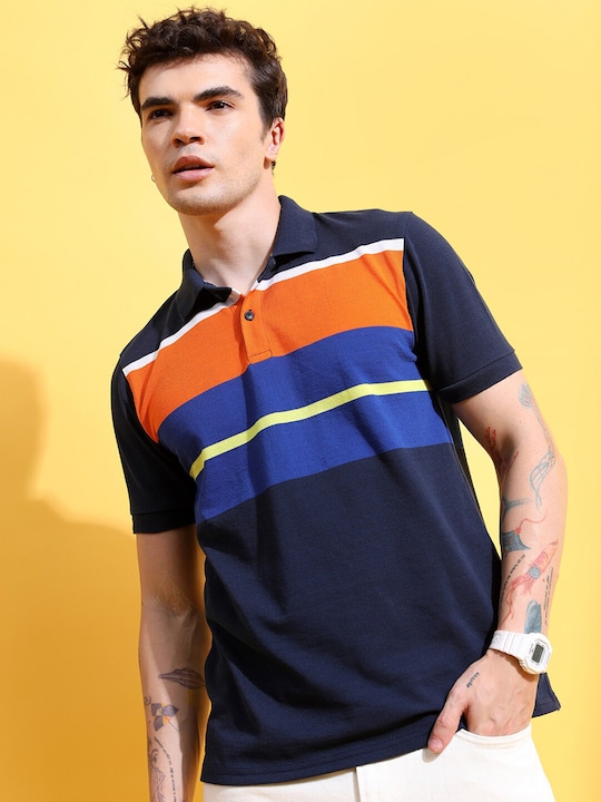 HIGHLANDER - Navy Blue Striped Polo Collar Slim Fit T-shirt