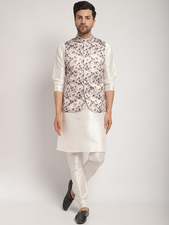 Kaifoo - Mandarin Collar Regular Kurta with Churidar & Floral Printed Nehru Jacket