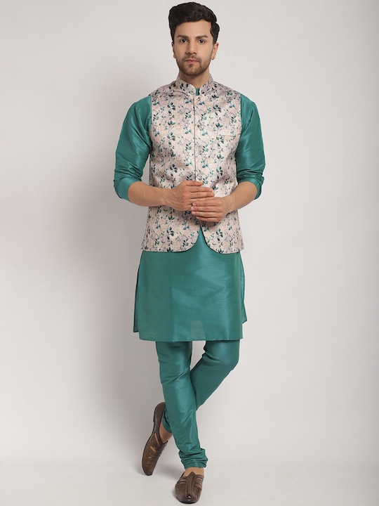 Kaifoo - Mandarin Collar Kurta With Churidar & Nehru Jacket