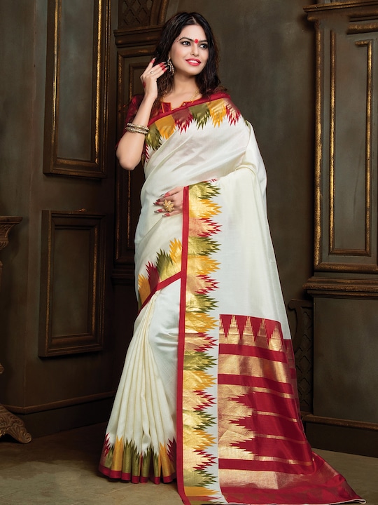 Anouk - Off White & Red Abstract Woven Design Zari Silk Blend Bagru Saree