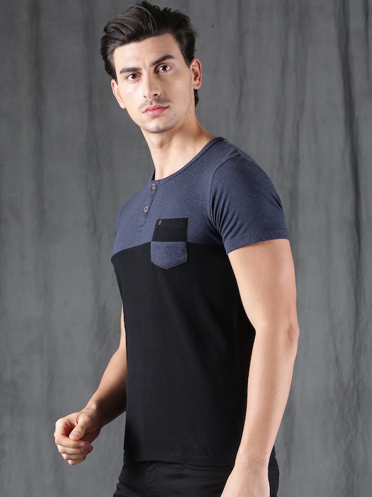 WROGN - Men Blue Colourblocked Henley Neck T-shirt