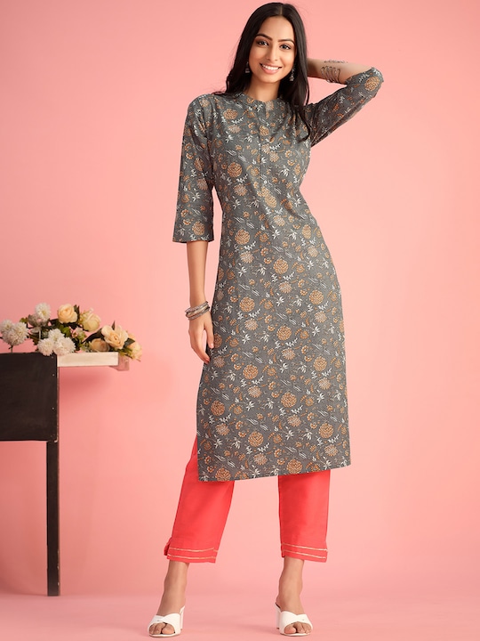 Sangria - Floral Printed Cotton Straight Kurta