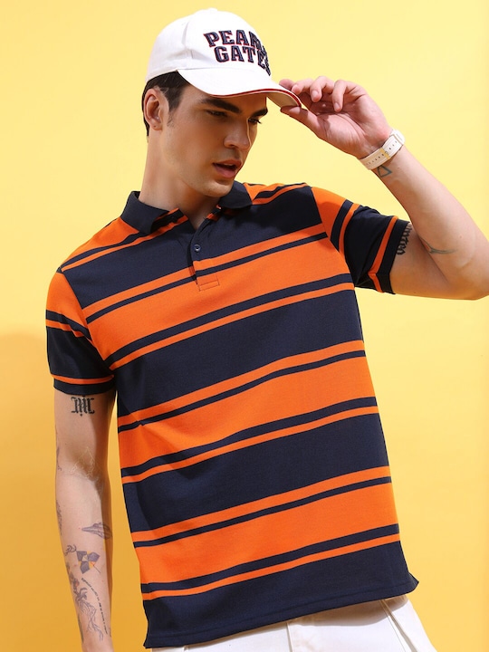 HIGHLANDER - Navy Blue Striped Polo Collar Slim Fit T-Shirt