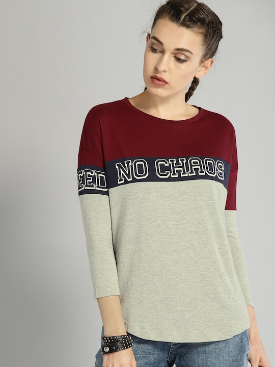 Roadster - Time Travlr Women Maroon Solid & Grey Colourblocked Round Neck T-shirt