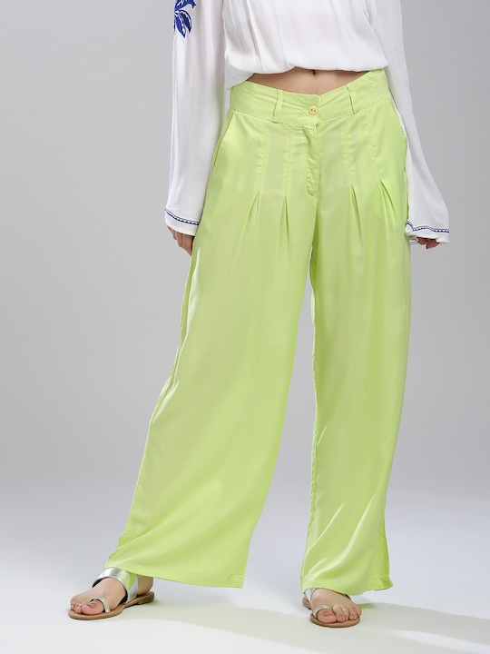 W - Women Green Solid Straight Palazzos