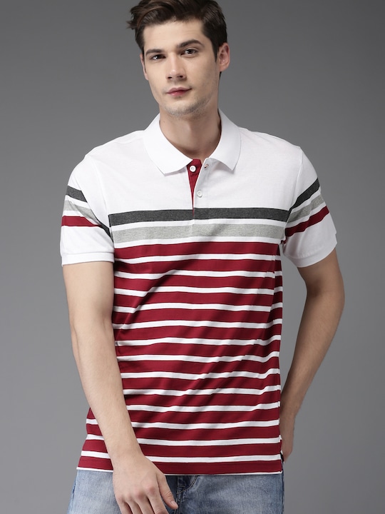 Moda Rapido - Men White Striped Polo Collar T-shirt