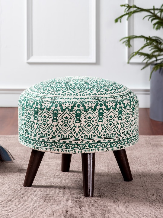 nestroots - Green & White Round Cotton Poufy Ottoman