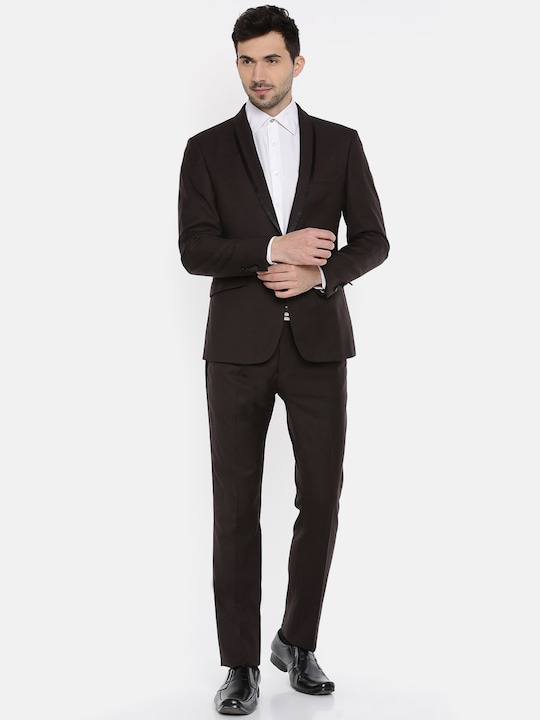 V Dot - Men Brown Solid Two Piece Formal Suit