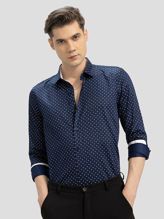 Snitch - Navy Blue Classic Micro Ditsy Spread Collar Slim Fit Cotton Casual Shirt
