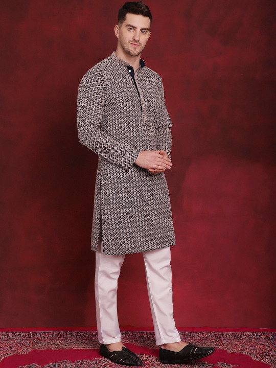 Jompers - Geometric Embroidered Sequinned Pure Cotton Straight Kurta With Pyjamas