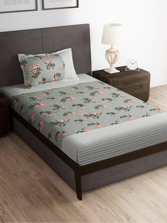 Story@home - Grey & Pink Floral 180 TC Single Bedsheet with 1 Pillow Cover