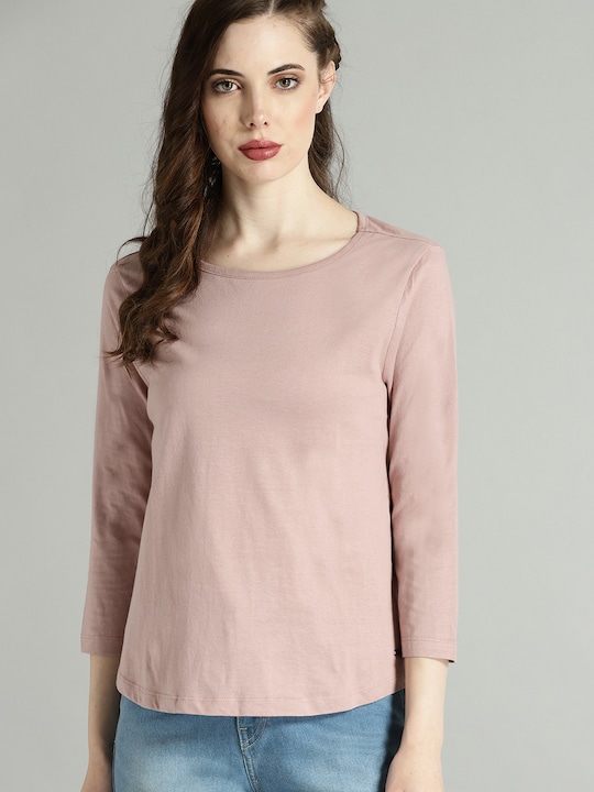 Roadster - Women Dusty Pink Solid Round Neck T-shirt