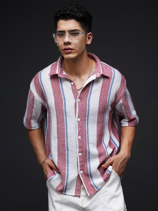 Powerlook - India Slim Striped Drop-Shoulder Sleevees Oversized Casual Shirt