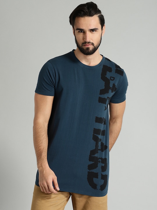 Roadster - Men Blue Typography Printed Cotton Longline T-shirt