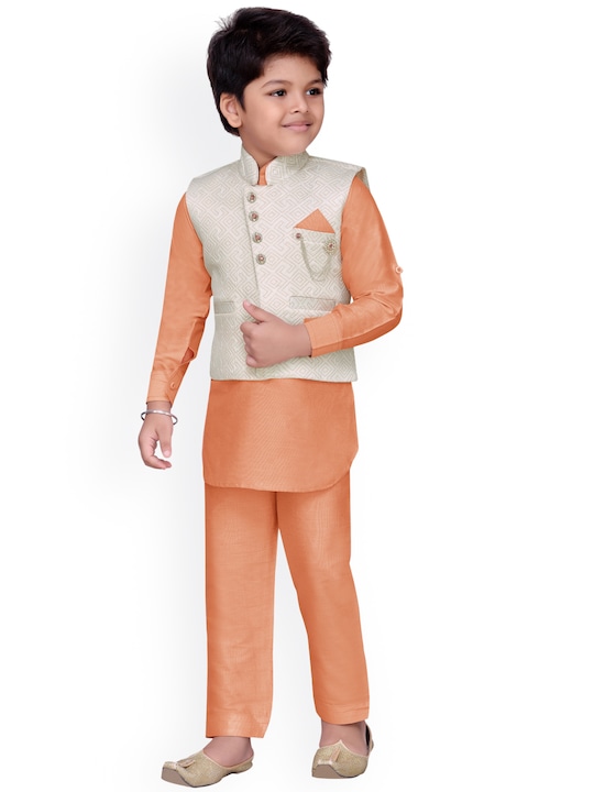 Aj DEZInES - Boys Peach-Coloured Self Design Kurta with Pyjamas
