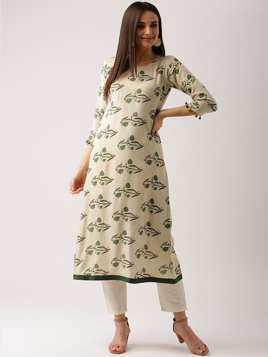 Libas - Women Beige & Green Printed A-Line Kurta