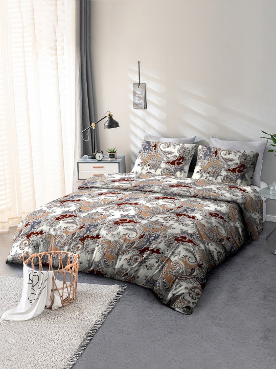 Cortina - Beige & White Ethnic Motifs 144 TC Queen Bedsheet with 2 Pillow Covers