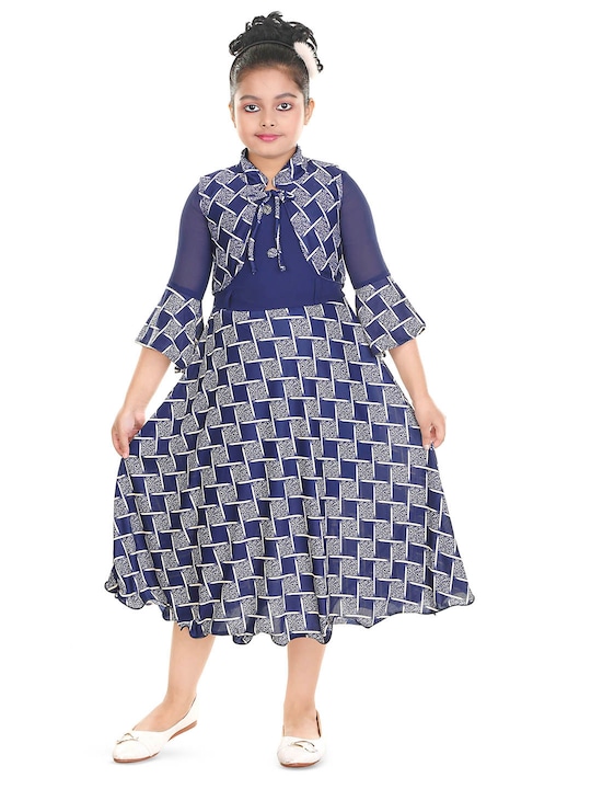 BAESD - Girls Geometric Printed Bell Sleeve Tie-Ups Maxi Dress